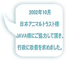 2002年10月  日本アニマルトラスト様  JAVA様にご協力して頂き、  行政に改善を求めました。 